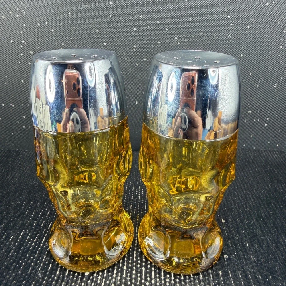 Anchor Hocking Amber Glass Salt and Pepper Shakers Chrome Tops Mid Century